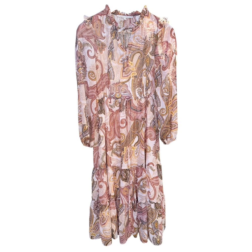 Julia Jordan Paisley Tiered‎ Midi Dress Sz 4 Sheer Long Sleeve Ruffled Neck Boho